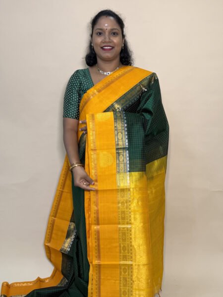 Silk Cotton Korvai Border Buttas In Green And Mustard With Traditional Border