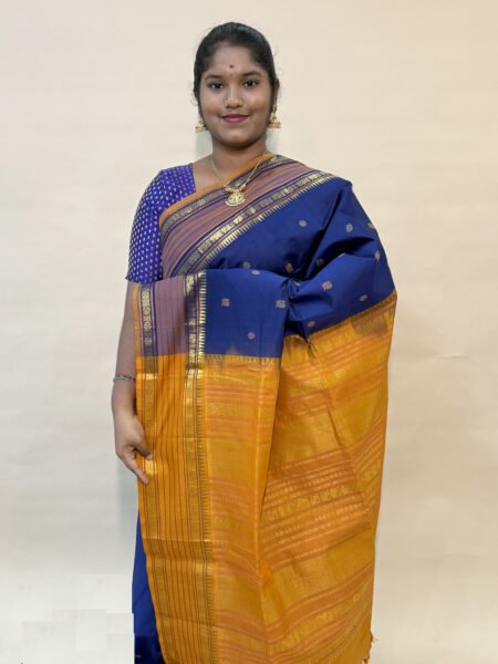 Kalkshetra Semi Silk Cotton Saree In Royal Blue And Mustard With Traditional Border
