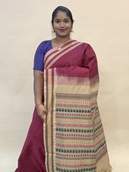 Kalkshetra Semi Silk Cotton Saree In Maroon And Beige With Traditional Border