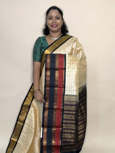 Kuppadam Silk Cotton Thread Lakshadeepam In Beige And Black With Traditional Border