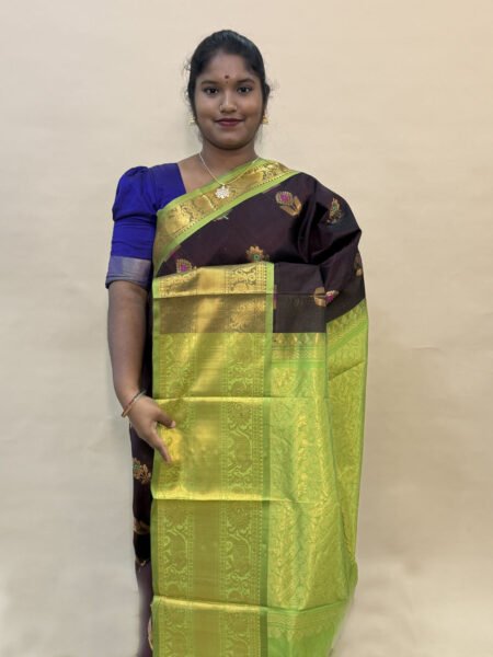 Vegan Silk Cotton Buttas Saree In Coffee Brown And Olive Green With Traditional Border