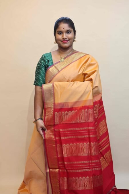 Semi Silk Cotton Saree In Sandal And Red With Traditional Border