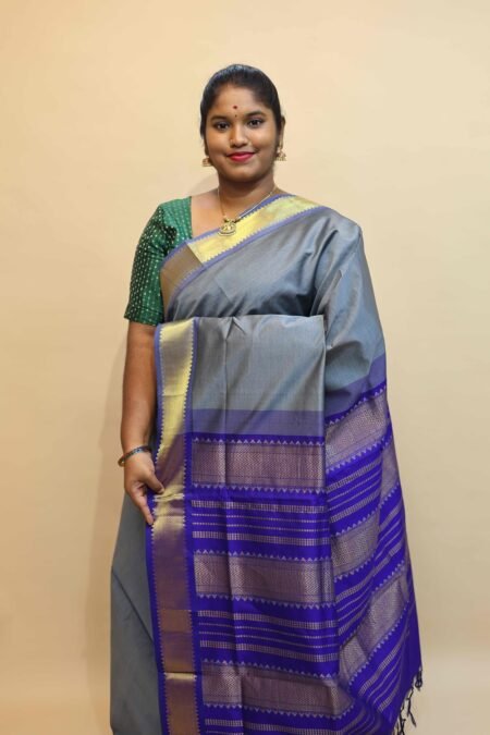 Semi Silk Cotton Saree In Grey And Violet With Traditional Border