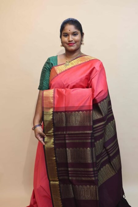 Semi Silk Cotton Saree In Dark Onion Pink And Coffee Brown With Traditional Border