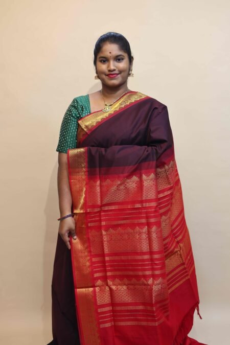 Semi Silk Cotton Saree In Brown And Red With Traditional Border