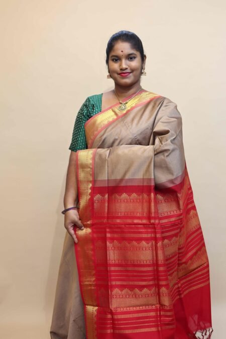 Semi Silk Cotton Saree In Mushroom Beige And Red With Traditional Border