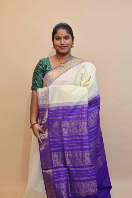 Semi Silk Cotton Saree in Half White And Violet With Traditional Border