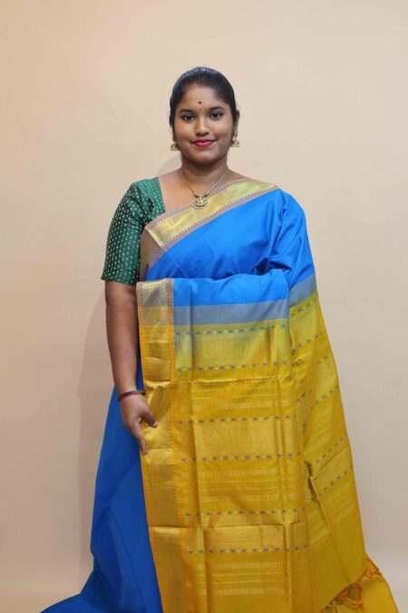Semi Silk Cotton Saree In Ramar Blue And Mustard With Traditional Border