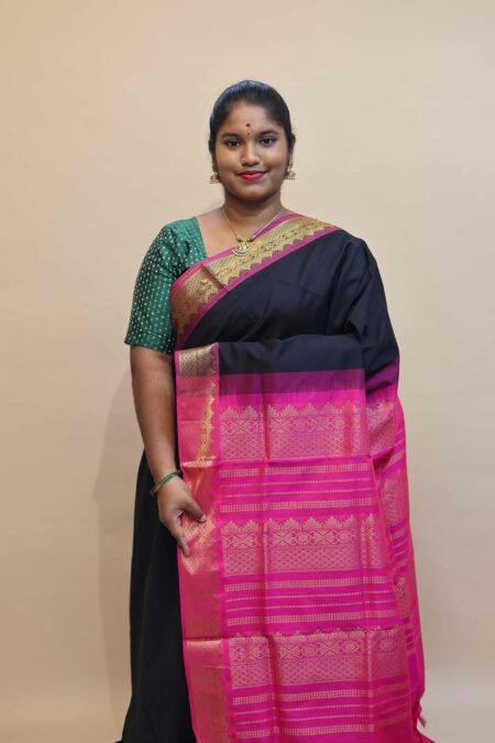 Semi Silk Cotton Saree In Black And Pink With Traditional Border