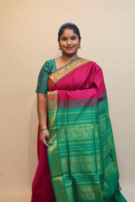Semi Silk Cotton Saree In Maroon And Green With Traditional Border