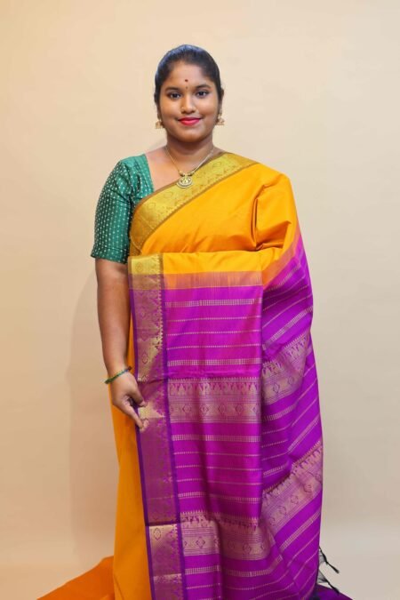 Semi Silk Cotton Saree In Mango Yellow And Magentha With Traditional Border