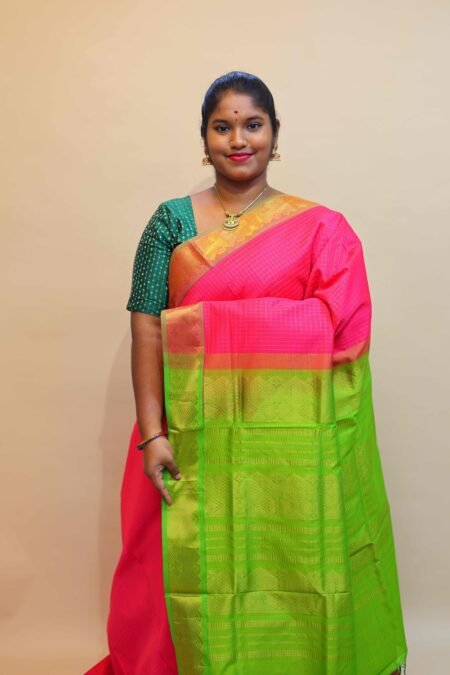 Semi Silk Cotton Zari Kattam In Rani Pink And Olive Green With Traditional Border