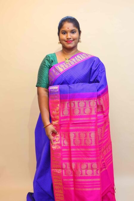 Semi Silk Cotton Zari Kattam In Violet And Pink With Traditional Border