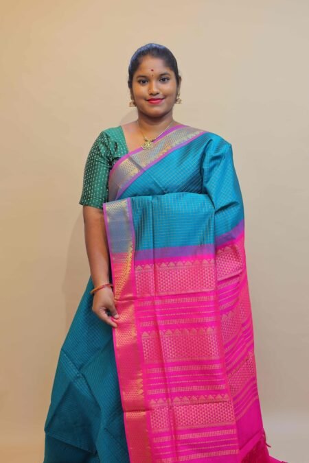 Semi Silk Cotton Zari Kattam In Peacock Green And Pink With Traditional Border