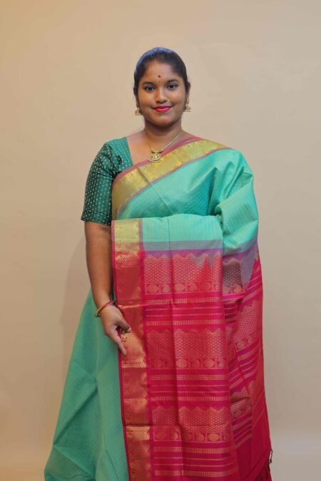 Semi Silk Cotton Zari Kattam In Teal Green And Maroon With Traditional Border
