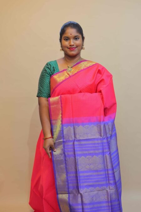 Semi Silk Cotton Zari Kattam In Rani Pink And Lavender With Traditional Border