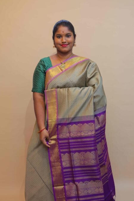 Semi Silk Cotton Zari Kattam In Mushroom Grey And Dark Magentha With Traditional Border