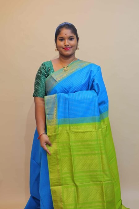 Semi Silk Cotton Zari Kattam In CS Blue And Olive Green With Traditional Border