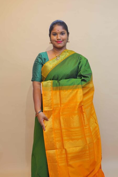 Semi Silk Cotton Zari Kattam In Dark Olive Green And Mustard With Traditional Border