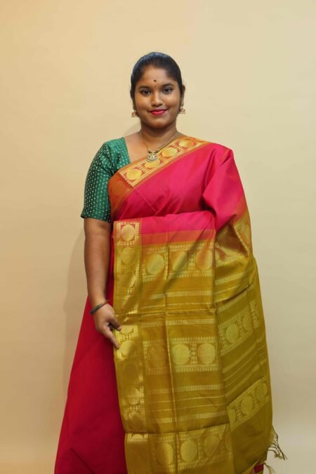 Semi Silk Cotton Vairaoosi in Maroon And Sampanga With Traditional Border