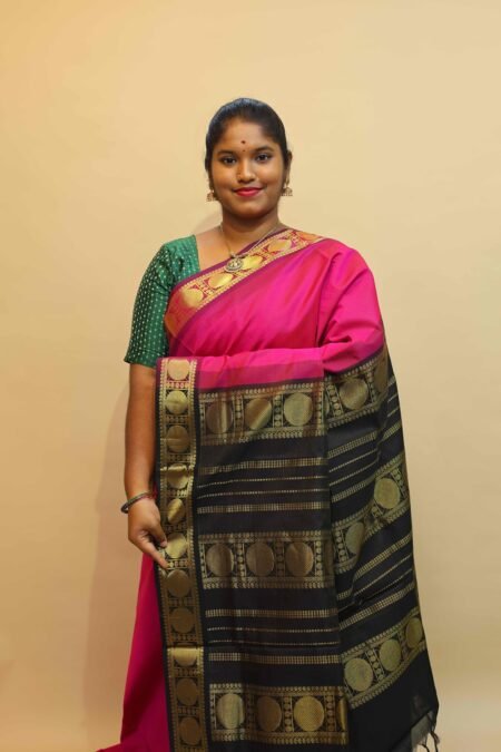 Semi Silk Cotton Vairaoosi in Rani Pink And Black With Traditional Border