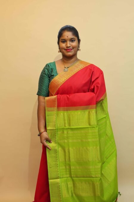 Semi Silk Cotton Vairaoosi in Red And Olive Green With Traditional Border