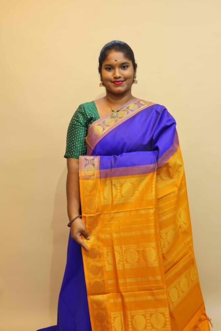 Semi Silk Cotton Vairaoosi in MS Blue And Mustard With Traditional Border