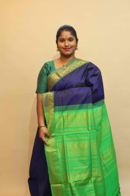 Semi Silk Cotton Vairaoosi in Navy Blue And Parrot Green With Traditional Border