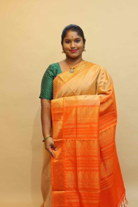 Semi Silk Cotton Vairaoosi in Beige And Orange With Traditional Border