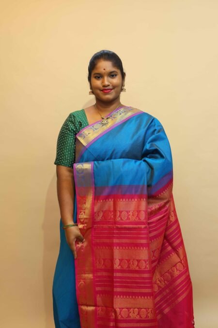 Semi Silk Cotton Vairaoosi in Peacock Blue And Pink With Traditional Border
