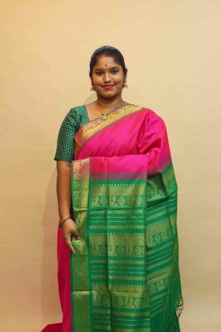 Semi Silk Cotton Vairaoosi in Rani Pink And Green With Traditional Border