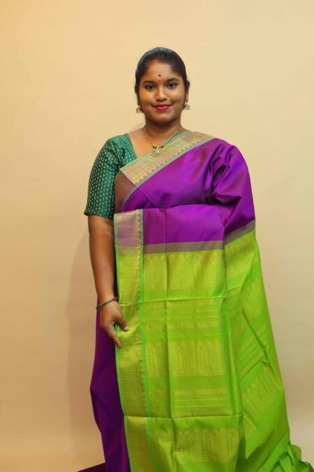 Semi Silk Cotton Vairaoosi in Majentha And Olive Green With Traditional Border