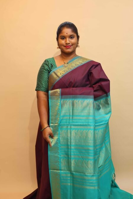 Semi Silk Cotton Vairaoosi in Brown And Teal With Traditional Border