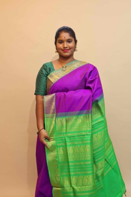 Semi Silk Cotton Vairaoosi in Majentha And Parrot Green With Traditional Border