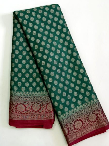 Semi Banarasi Silk In Green And Maroon With Traditional Border