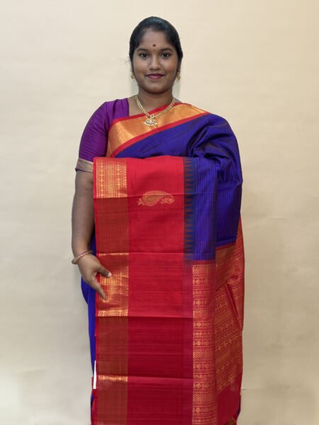 Bridal Kuppadam Silk Cotton Saree In Violet And Red With Traditional Border