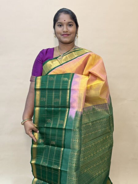 Bridal Kuppadam Silk Cotton Saree In Dual Shaded Peach And Green With Traditional Border