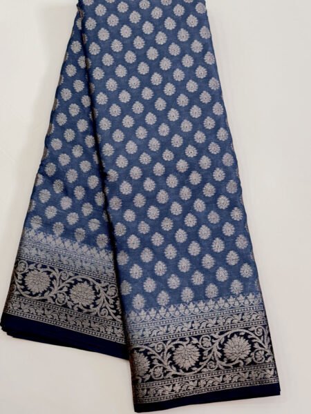 Semi Banarasi Silk In Dark Grey And Navy Blue With Traditional Border