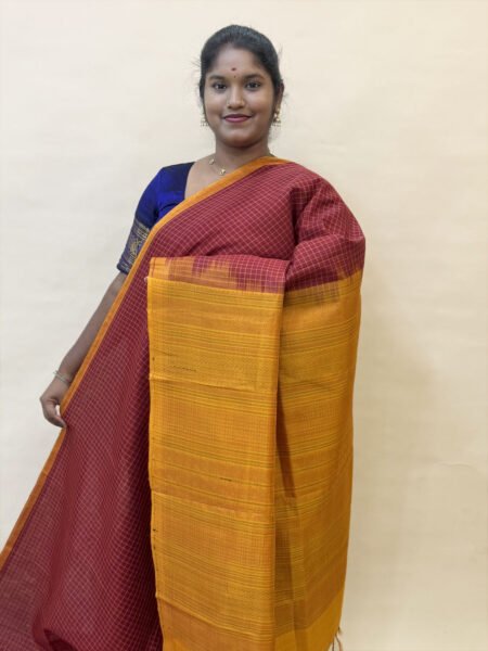 Kalakshetra Silk Cotton Checked Saree In Maroon And Mustard With Traditional Border
