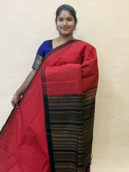 Kalakshetra Silk Cotton Checked Saree In Red And Black With Traditional Border