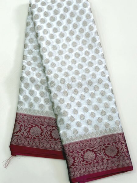 Semi Banarasi Silk In Half White And Maroon With Traditional Border