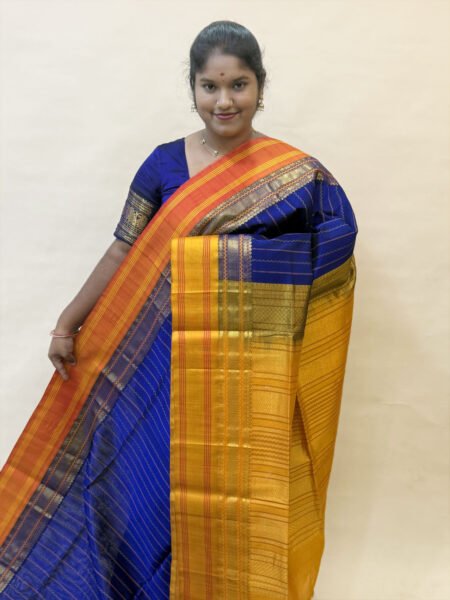 Kalakshetra Kuppadam Silk Cotton Saree In MS Blue And Mustard With Traditional Border