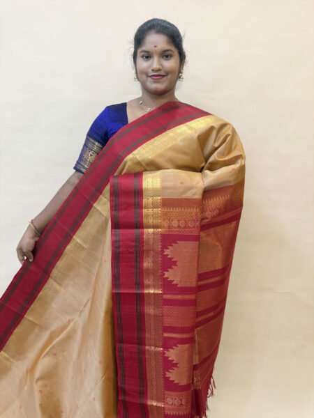 Kalakshetra Kuppadam Silk Cotton In Golden Beige And Maroon With Traditional Border