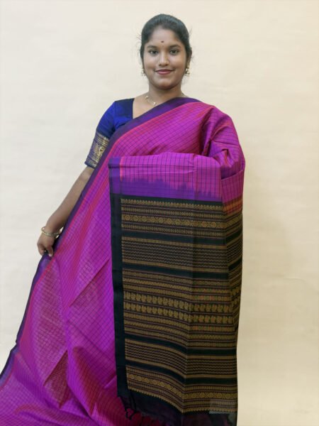 Kalakshetra Silk Cotton Checked Saree In Vadamalli And Black With Traditional Border