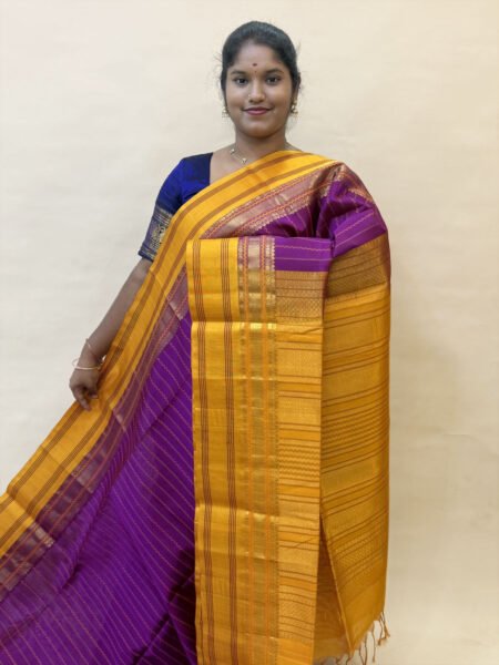 Kalakshetra Kuppadam Silk Cotton Saree In Vadamalli And Mustard With Traditional Border