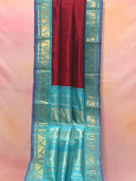 Madisar Korvai Silk Cotton In Maroon And Teal With Traditional Border