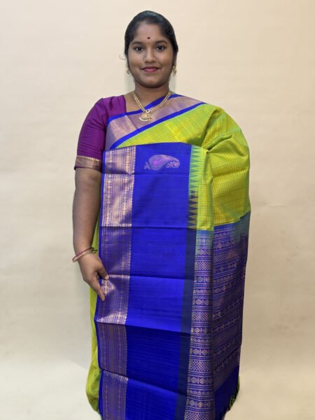 Bridal Kuppadam Silk Cotton Saree In Sneha Green And Violet With Traditional Border