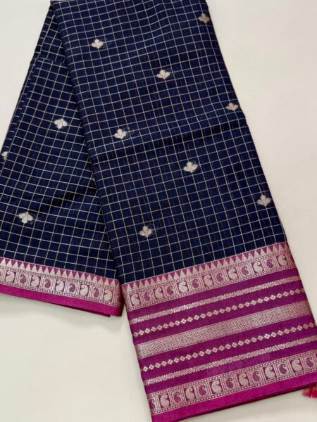 Semi Kora Silk Cotton Kattam In Navy Blue And Pink With Traditional Border