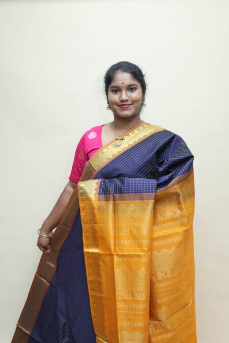 Semi Silk Cotton Kattam in Navy Blue And Mustard With Traditional Border