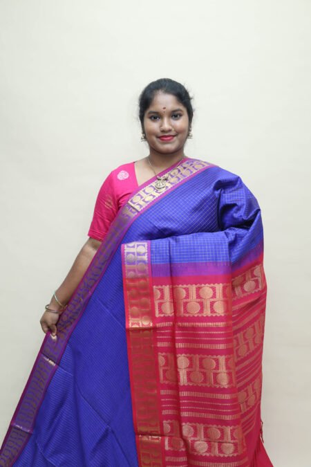 Semi Silk Cotton Kattam in Blue And Red With Traditional Border